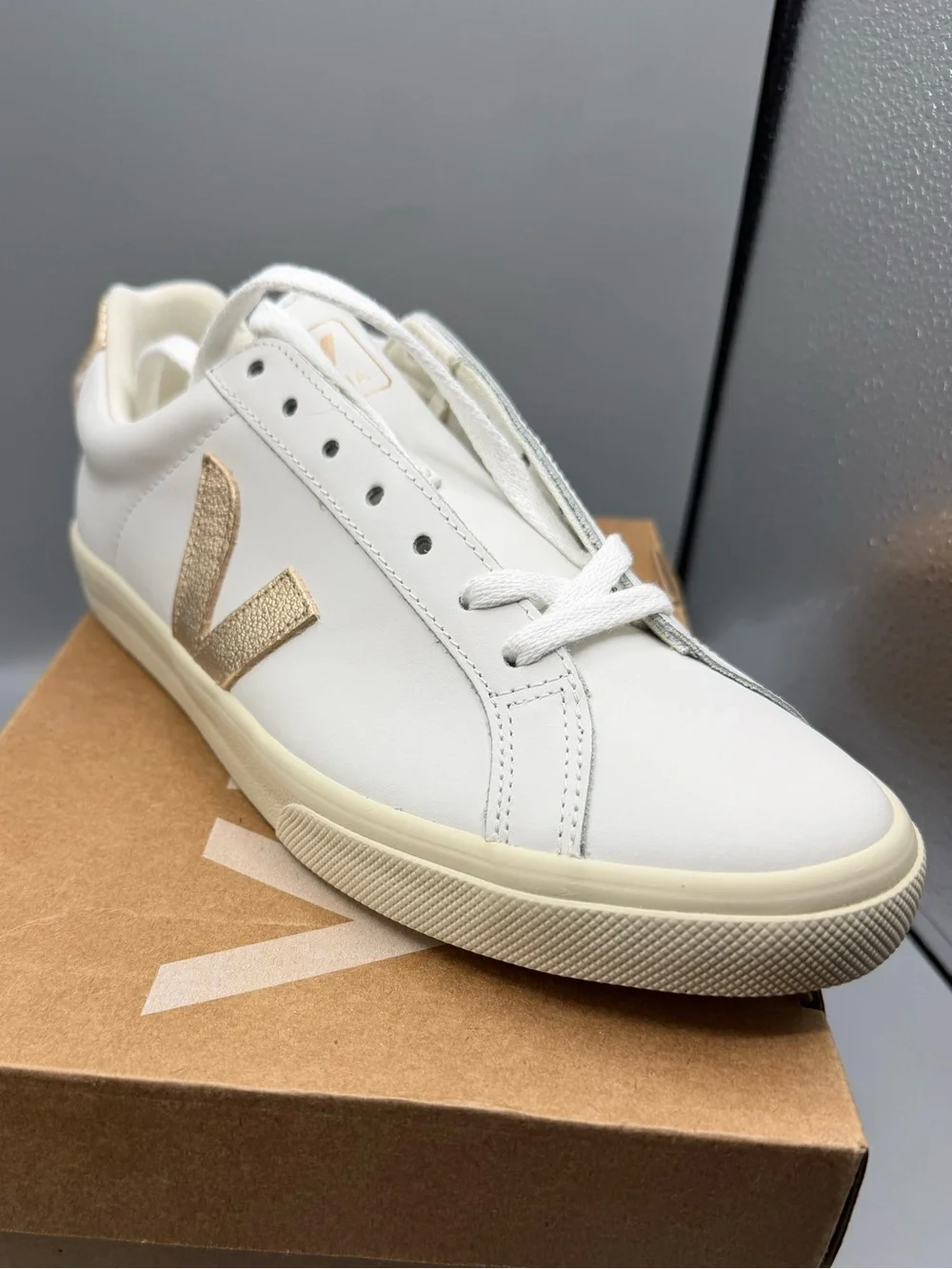 Veja Women's White Leather Sneakers with Gold V Accent
